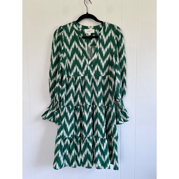 Pomander Place Dresses & Skirts - Pomander Place‎ Green White Ikat Chevron Tiered Mini Dress Smocked Ruffle S